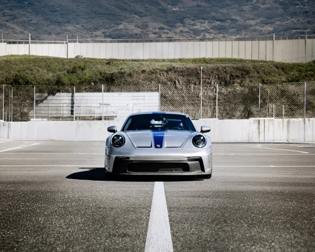 Porsche GT3 argentata con fascia blu, vista frontale